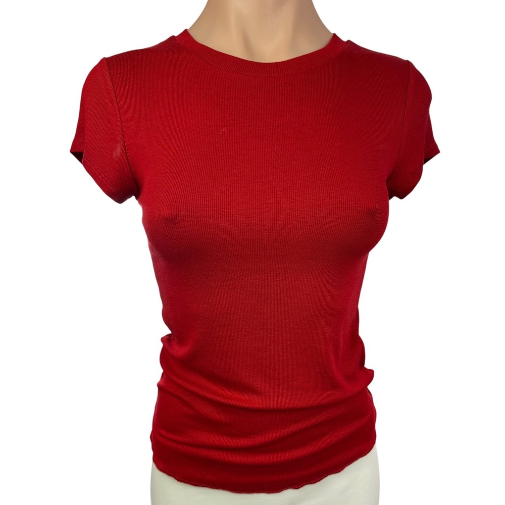 Olivaceous Red Pullover Top Ribbed Short Sleeve Crew Neck Size M Rayon Spandex